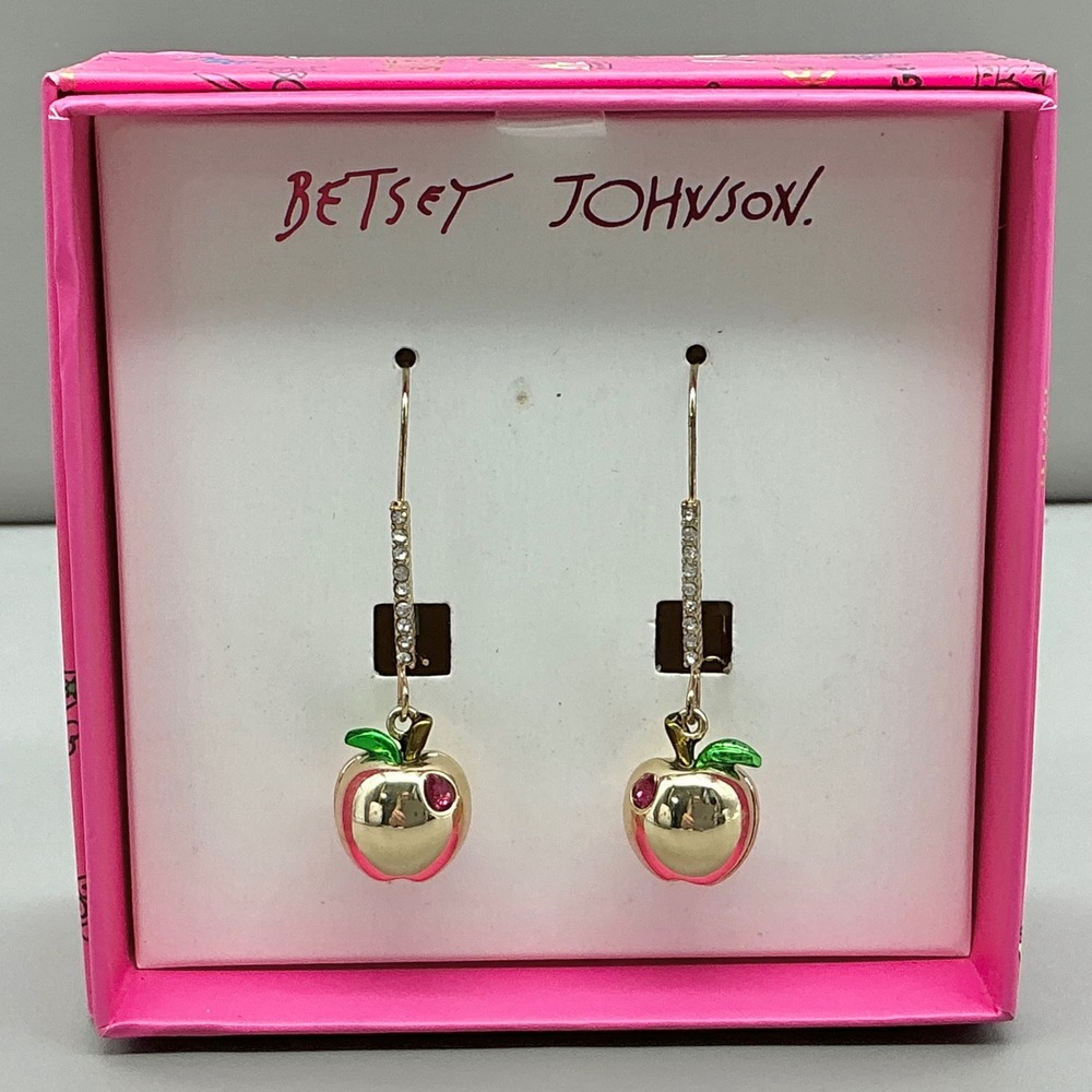 Betsey Johnson Apple Dangle Earrings Womens Gold Tone Crystal Fruit Jewelry Gift